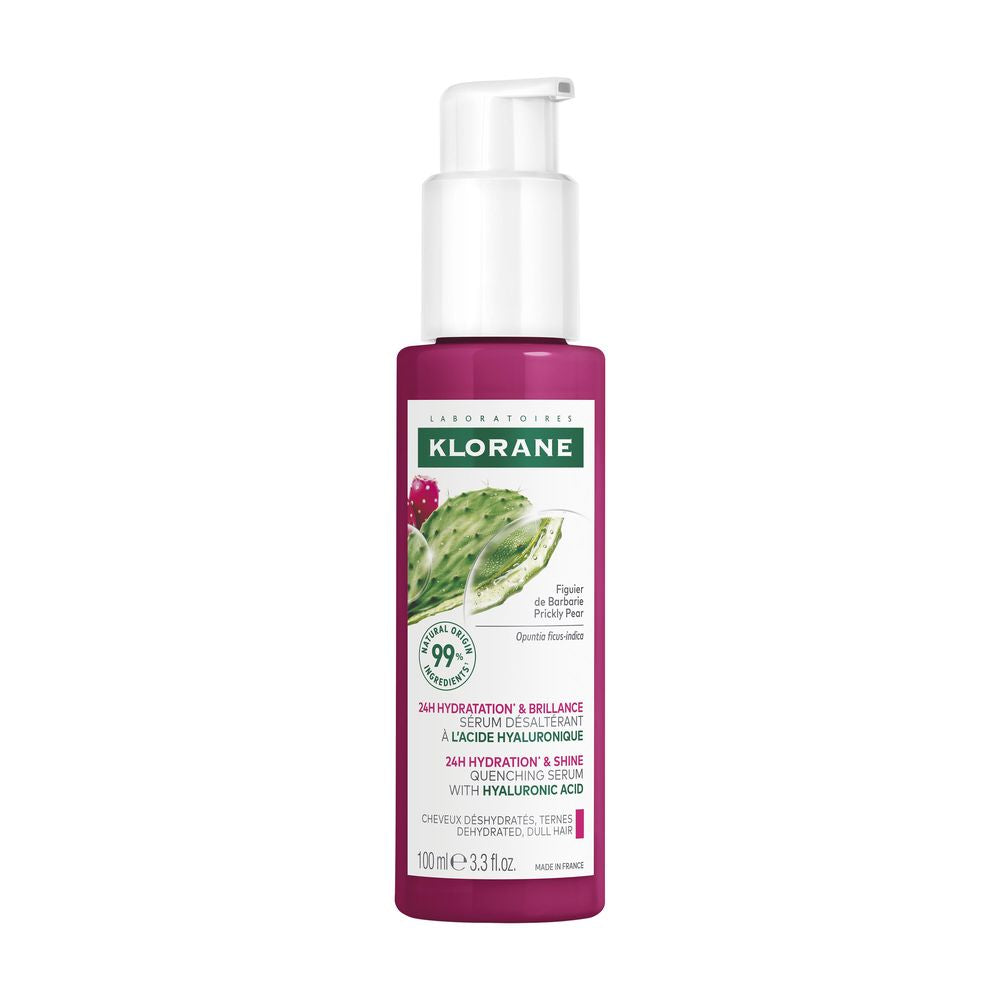 100 ml slender pump bottle of hair serum; prickly pear and hydration focus
