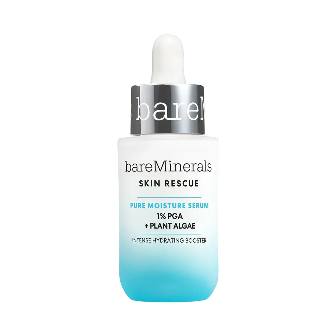 Bare Minerals Glass serum bottle with clear dropper dispensing a single drop against a clean backdrop