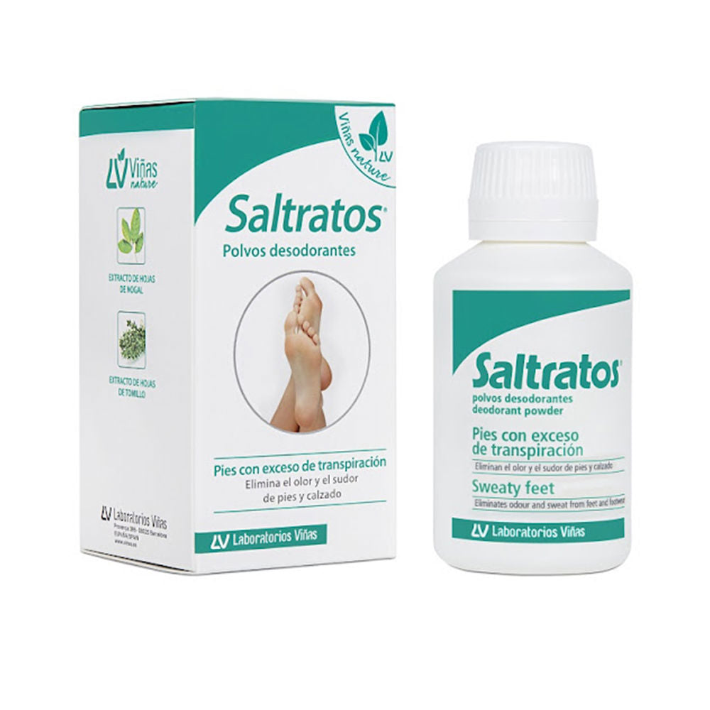 Saltratos White and teal deodorant powder bottle and box with feet image and leaf illustrations, plastic and cardboard