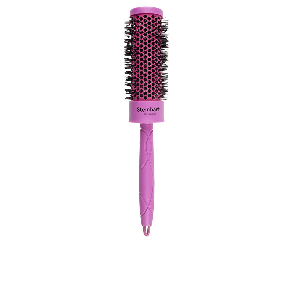 Round ionic hairbrush with heat-retaining barrel, pink finish, bristles visible