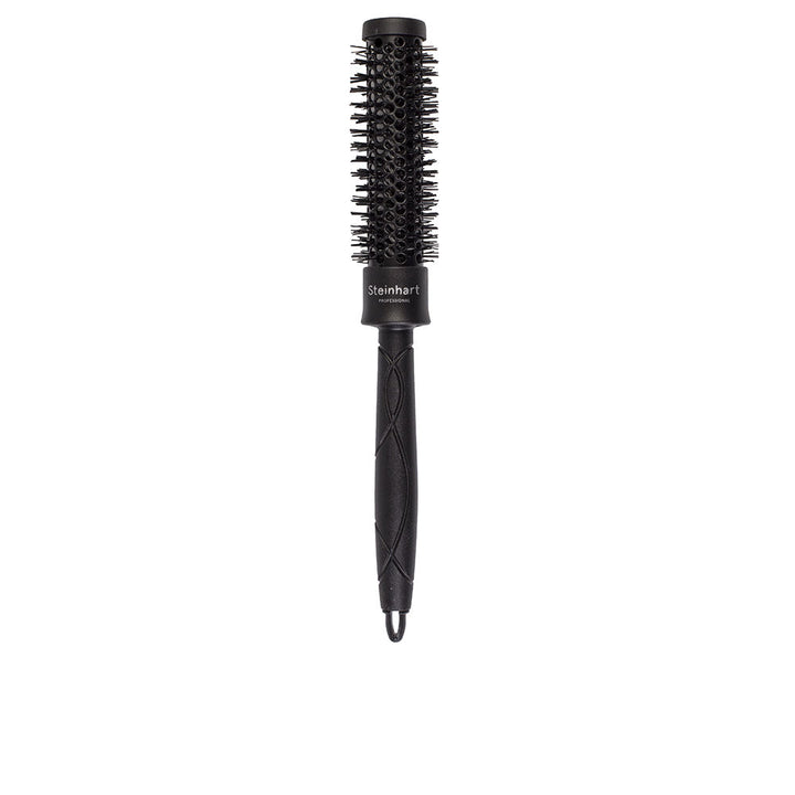 Black thermal ionic round hair brush with vented barrel, ergonomic handle, Unisex styling tool