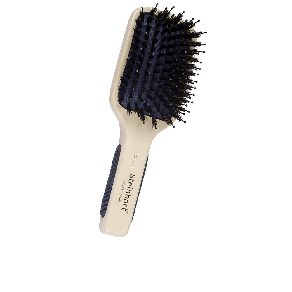 Wood-handled paddle hairbrush with boar and nylon bristles on cushioned pad