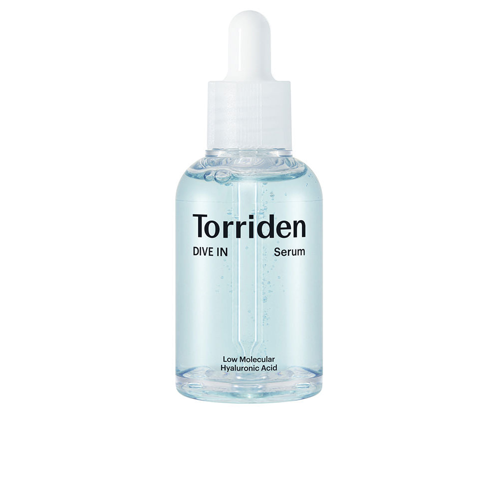 Torriden Clear minimalist dropper bottle with visible bubbled liquid, white dropper cap, black text print, glass-like material