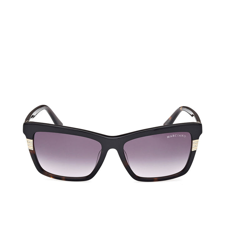 Black rectangular acetate sunglasses with gradient purple lenses, gold temple accents and small crystals, Guess By Marciano