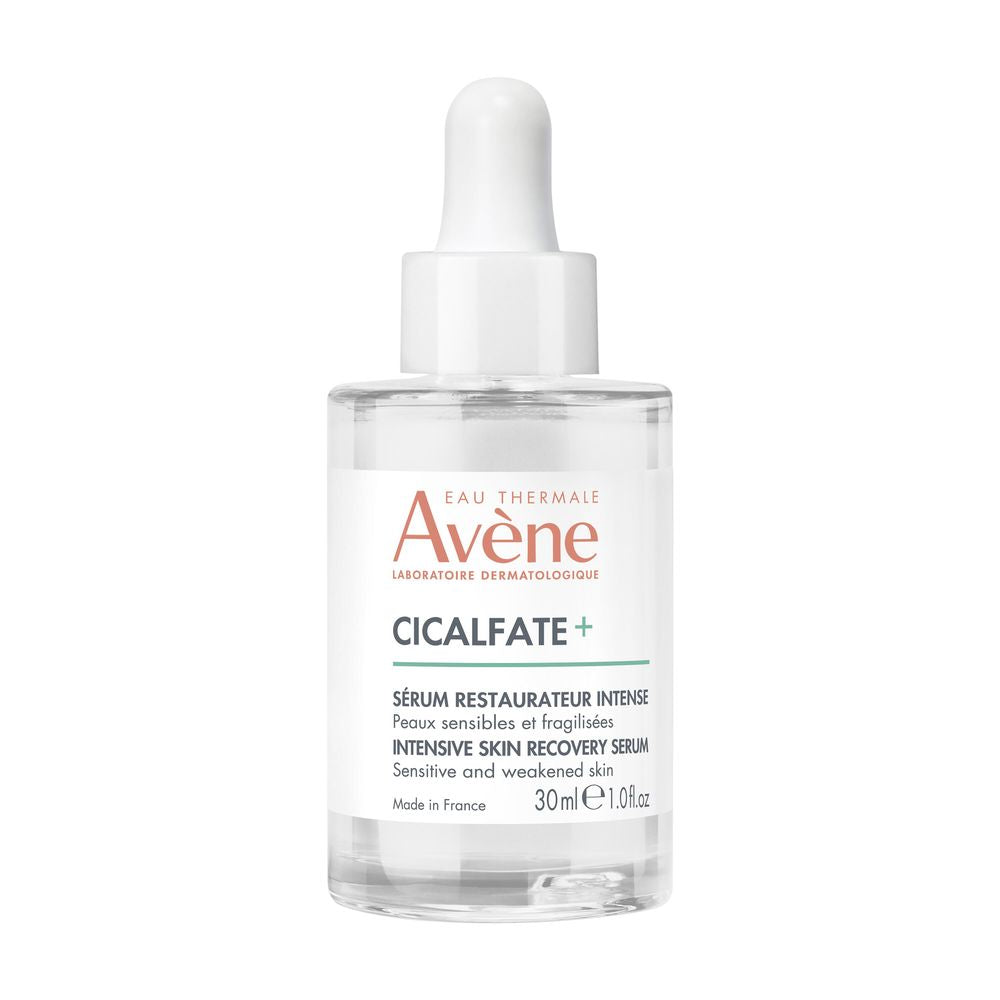 30 ml clear serum bottle with dropper, labelled AHA exfoliating serum for sensitive skin