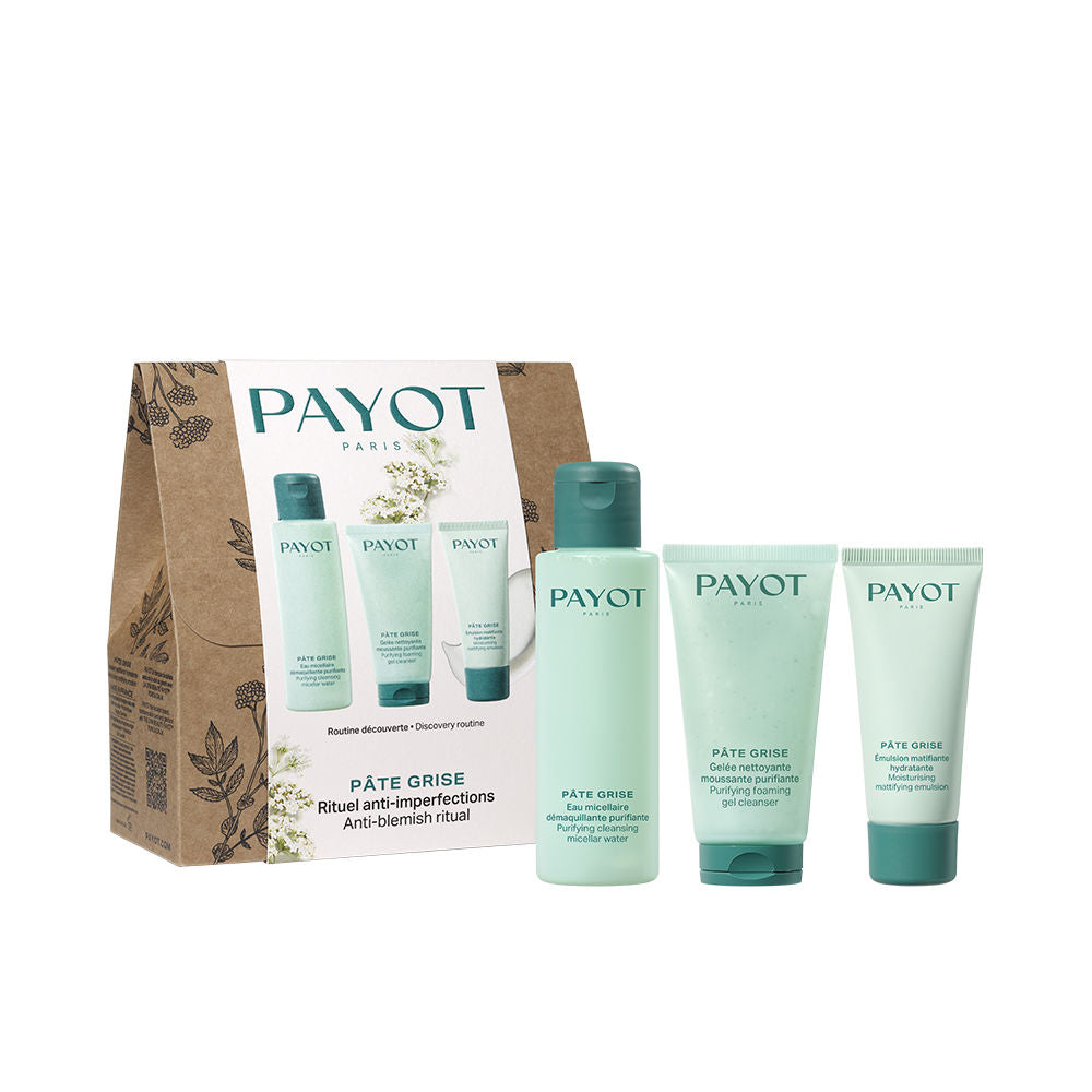 Payot Three light green, teal, and brown plastic skincare containers with illustrated cardboard box