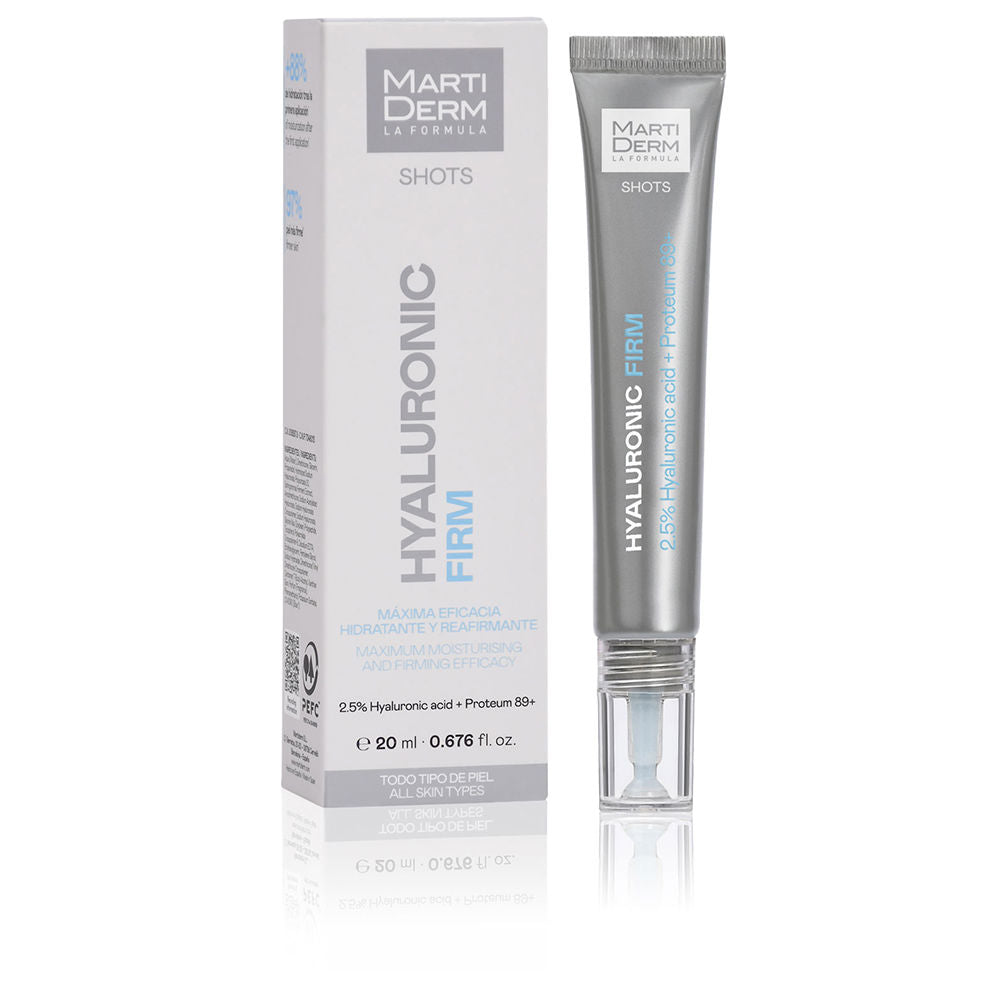Clear Martiderm gel tube with hyaluronic formula, applied to hand showing texture