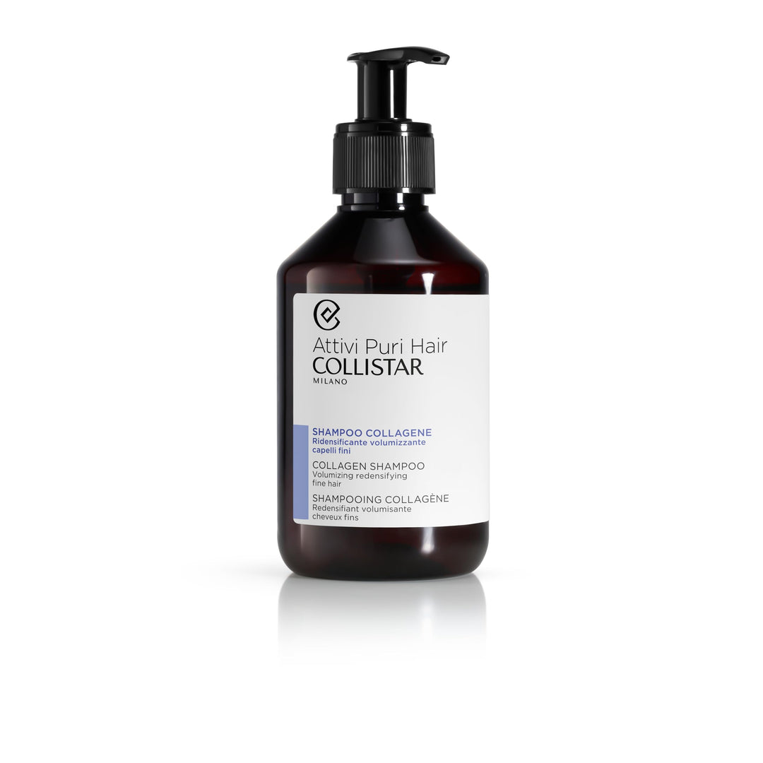 250 ml pump bottle of volumising shampoo with plant collagen, eco-design