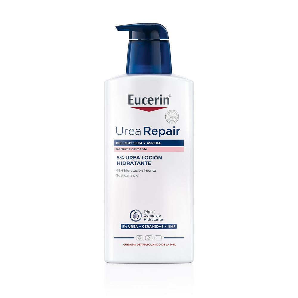 Bottle of Eucerin UreaRepair PLUS 5% lotion for dry skin with pump dispenser