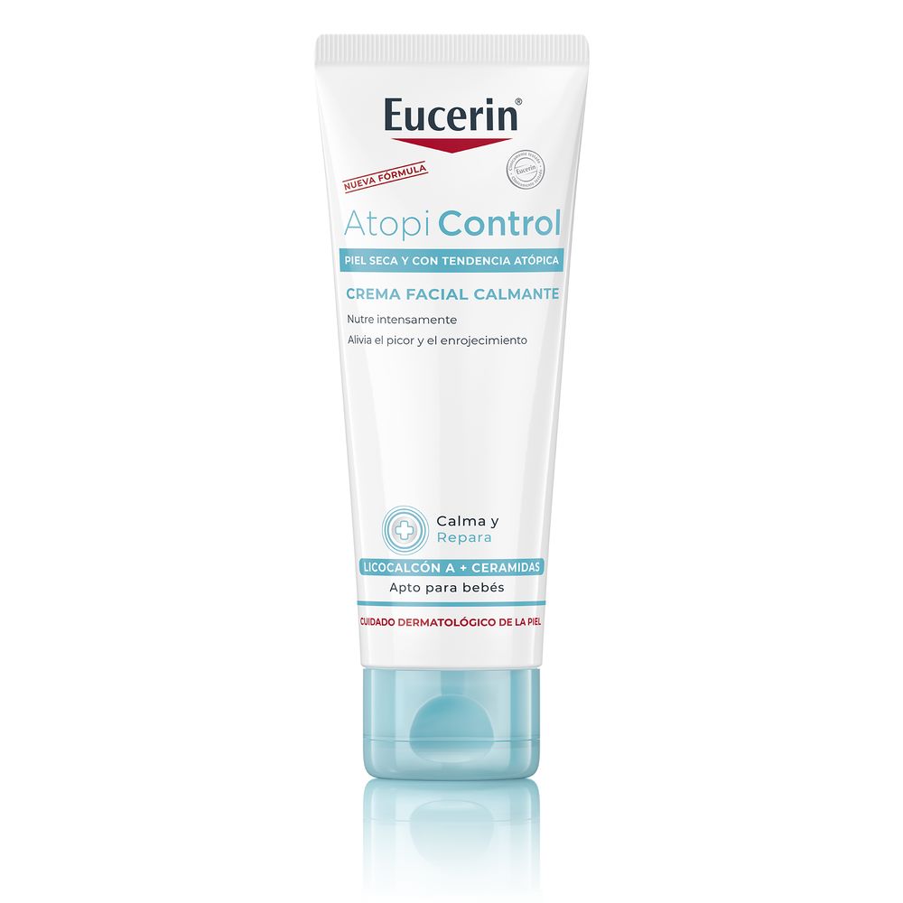 Minimalist white and light blue plastic tube with flip-top cap, clinical skincare aesthetic, Eucerin