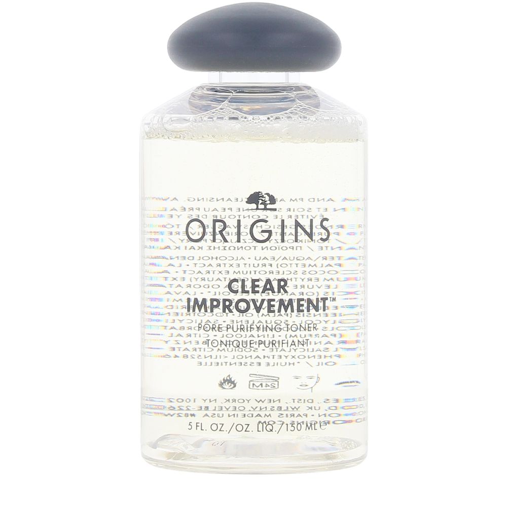 Origins Clear plastic toner bottle with visible liquid, black rounded cap and printed label