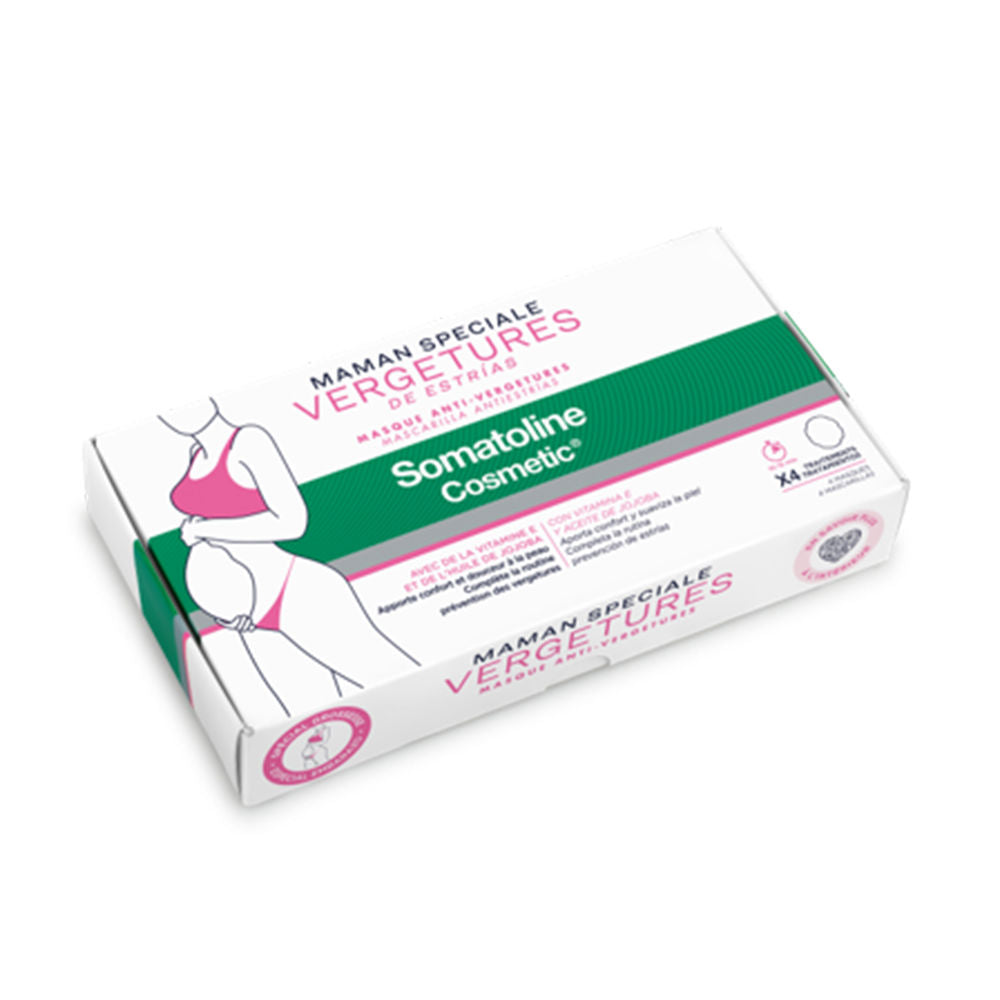 Rectangular white cardboard box with pink and green blocks, pregnant woman illustration, multilingual text, Somatoline logo