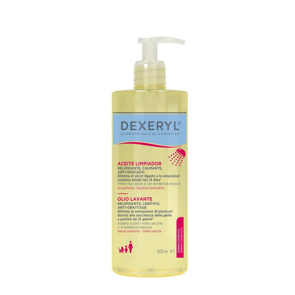 Bottle of Dexeryl fragrance-free cleansing oil for very dry, atopic-prone skin with pump