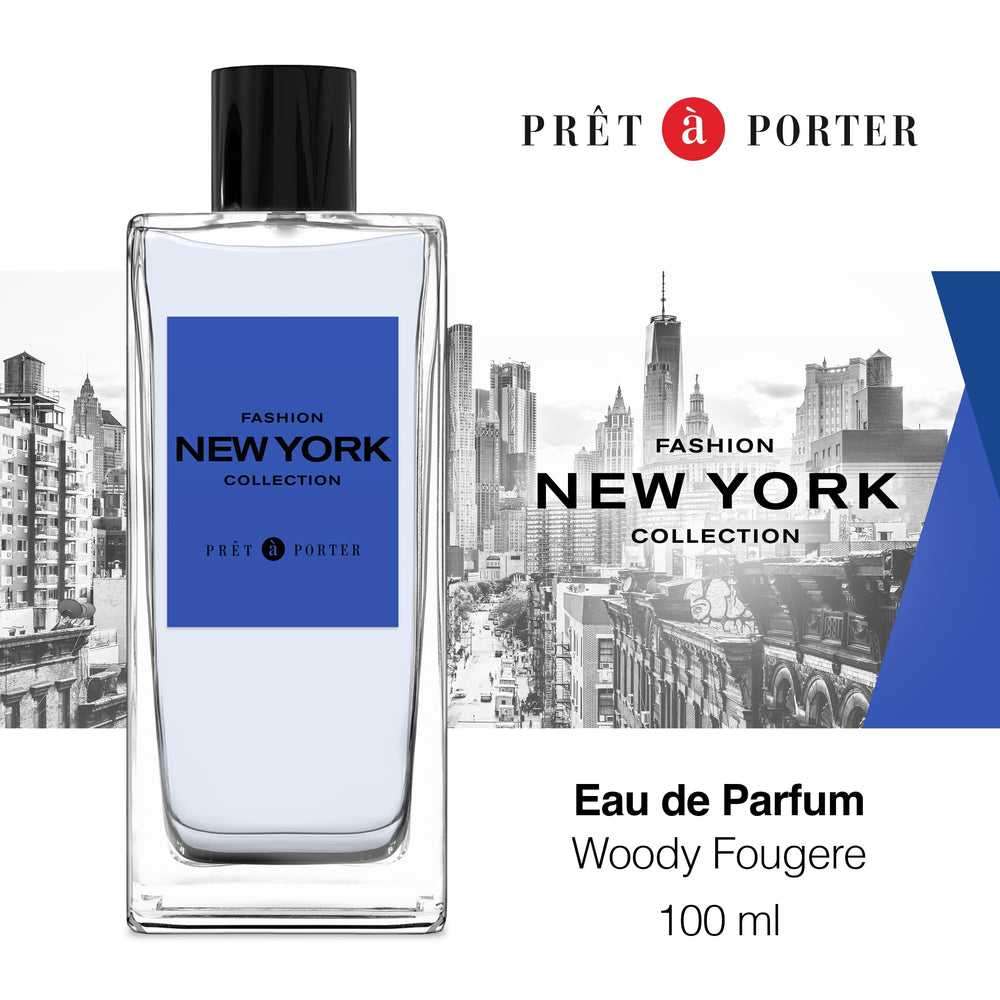 Pret-a-porter Transparent glass rectangular perfume bottle with blue label and black cap, visible amber liquid