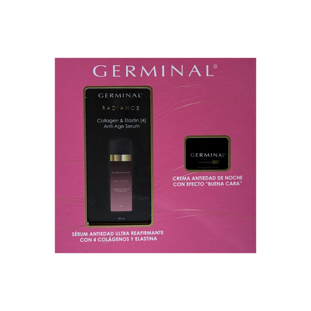 Pink rectangular box with product window showing two items, gold-accented bottle, white and gold text, Germinal
