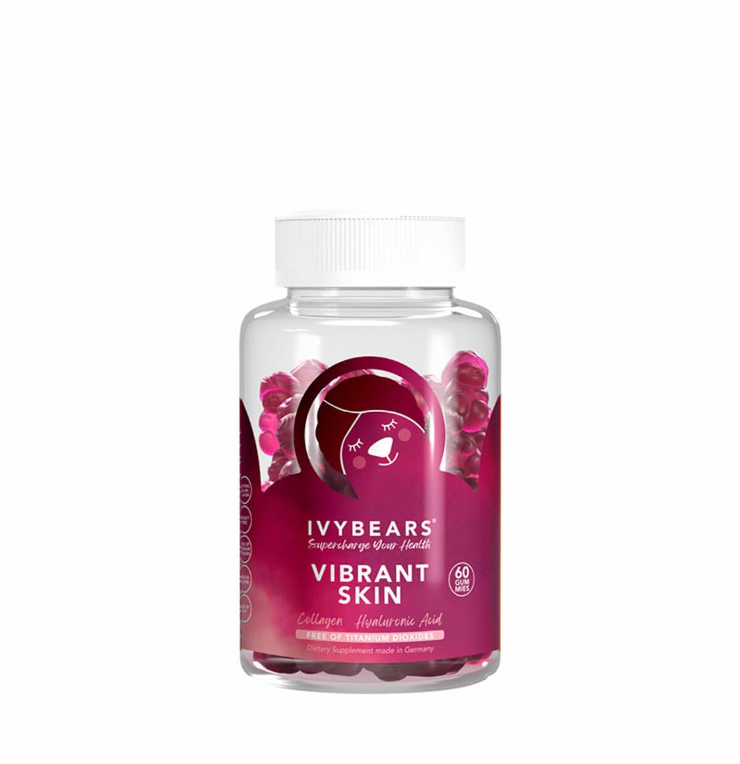Ivybears Purple transparent plastic supplement bottle with white screw cap, bear logo and visible gummies