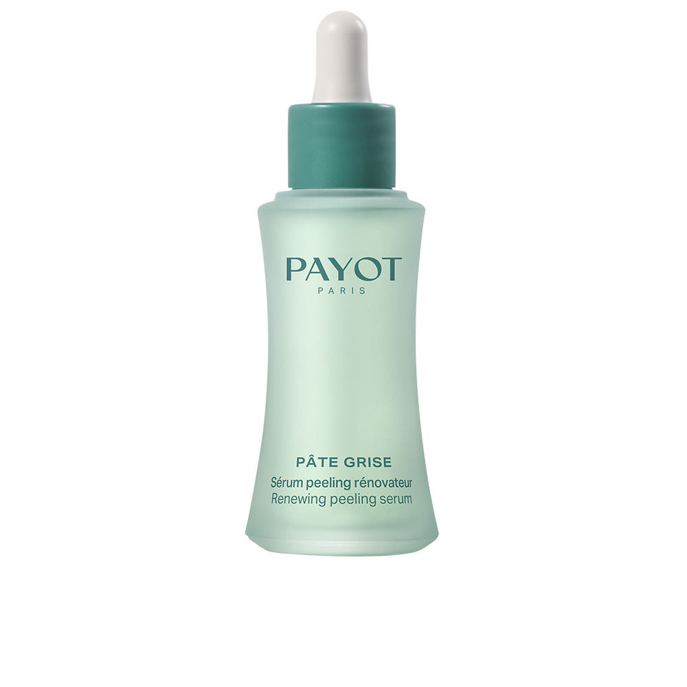 Payot Minimalist frosted glass serum bottle with dropper cap, teal and light green accents, printed label