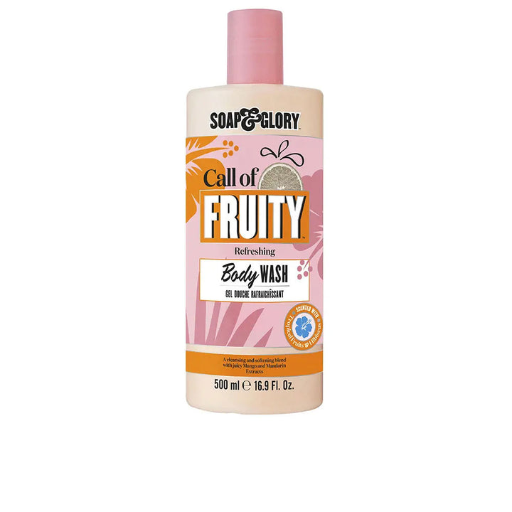 Soap &amp; Glory Plastic cylindrical body wash bottle in pink, orange and beige with flip-top cap, fruit and floral graphics, bold text branding, measurement markings — .