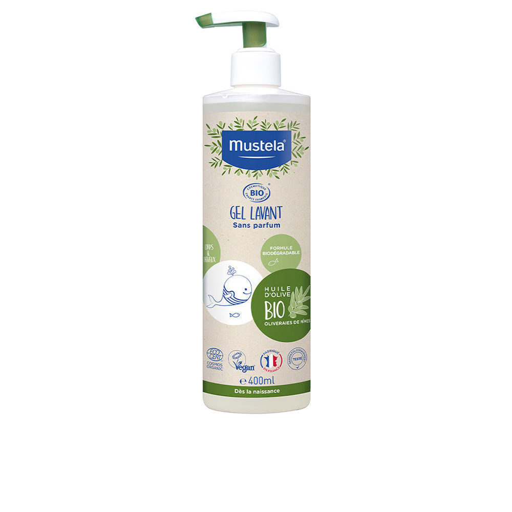 Refill pouch of Mustela BIO fragrance-free baby gel shampoo with organic ingredients