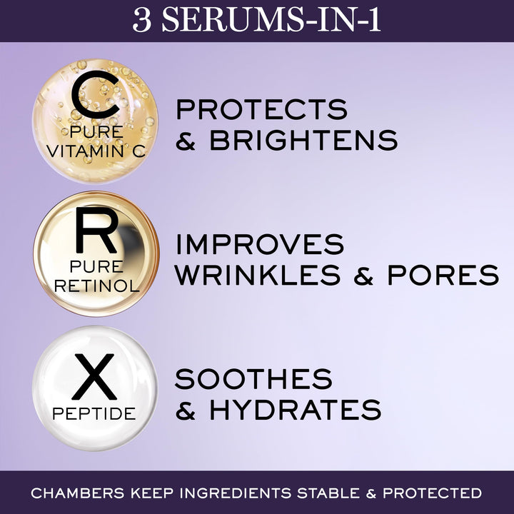 Glass triple‑chamber serum bottle showing clear and amber liquids, polished metallic cap, Lancôme label visible