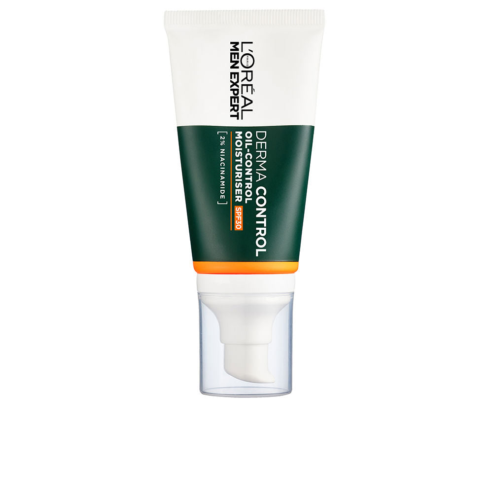 L'Oréal Paris Minimalistic plastic moisturiser tube with pump, white and dark green panels, orange accent
