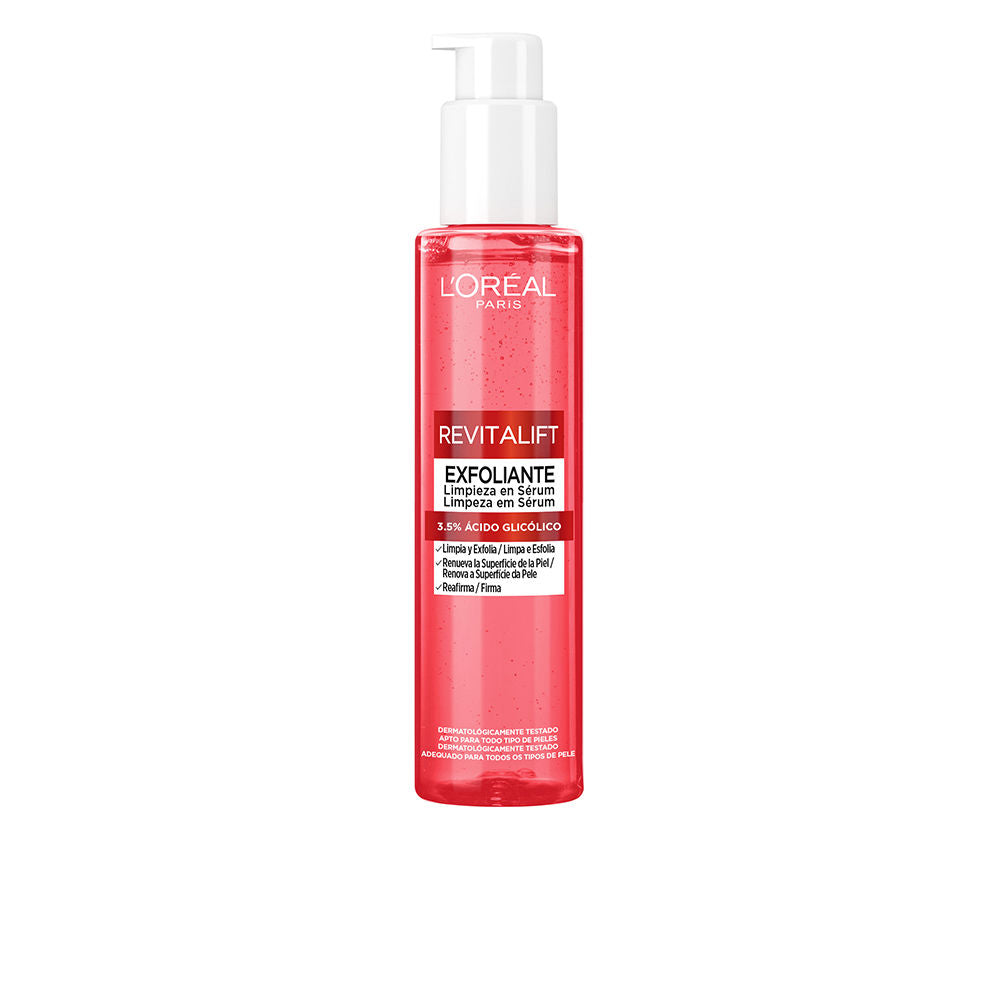 L'Oréal Paris Transparent red plastic pump bottle with visible small bubbles and text label, refined cleanser portrait