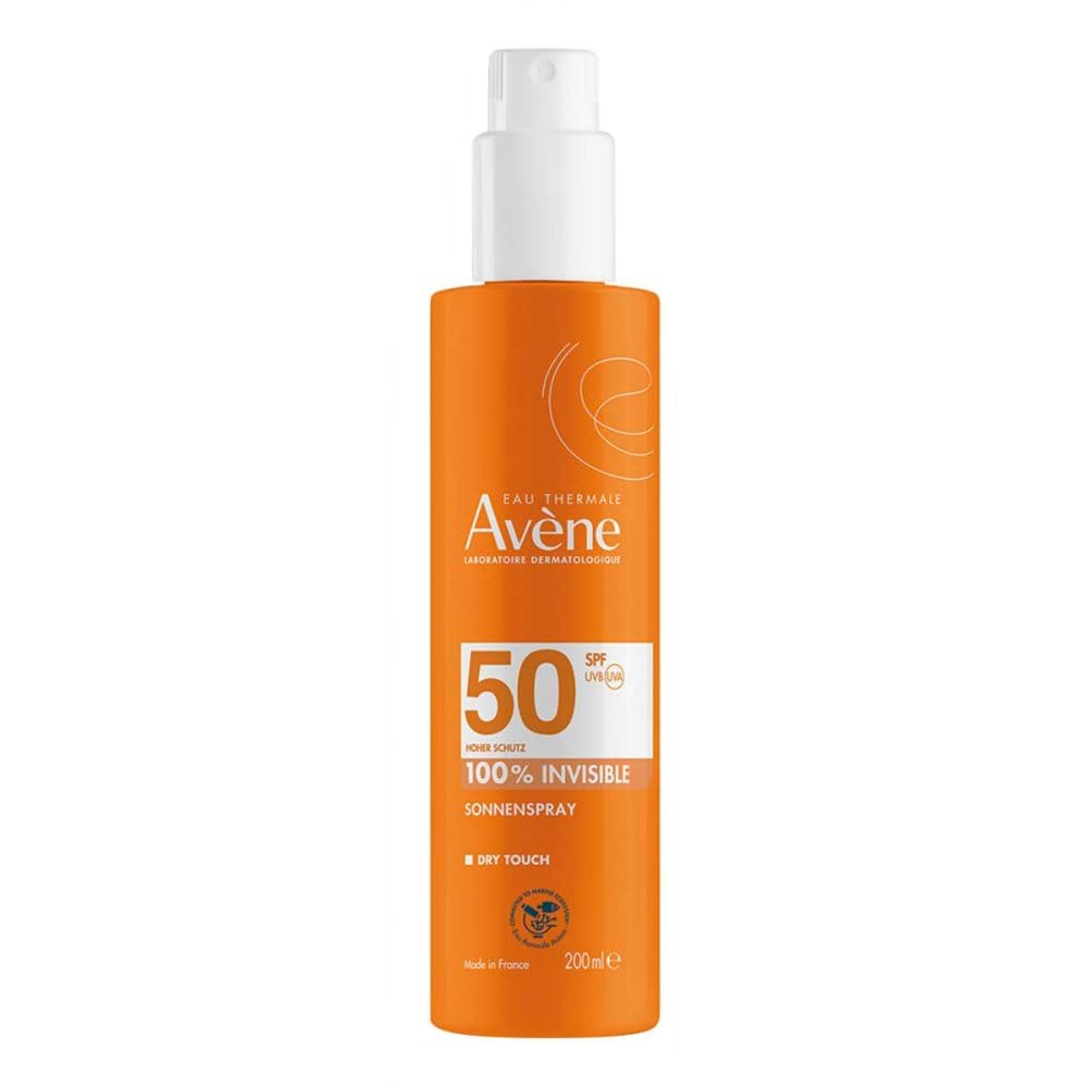 200 ml invisible SPF50 sun spray in matte white bottle, spray nozzle