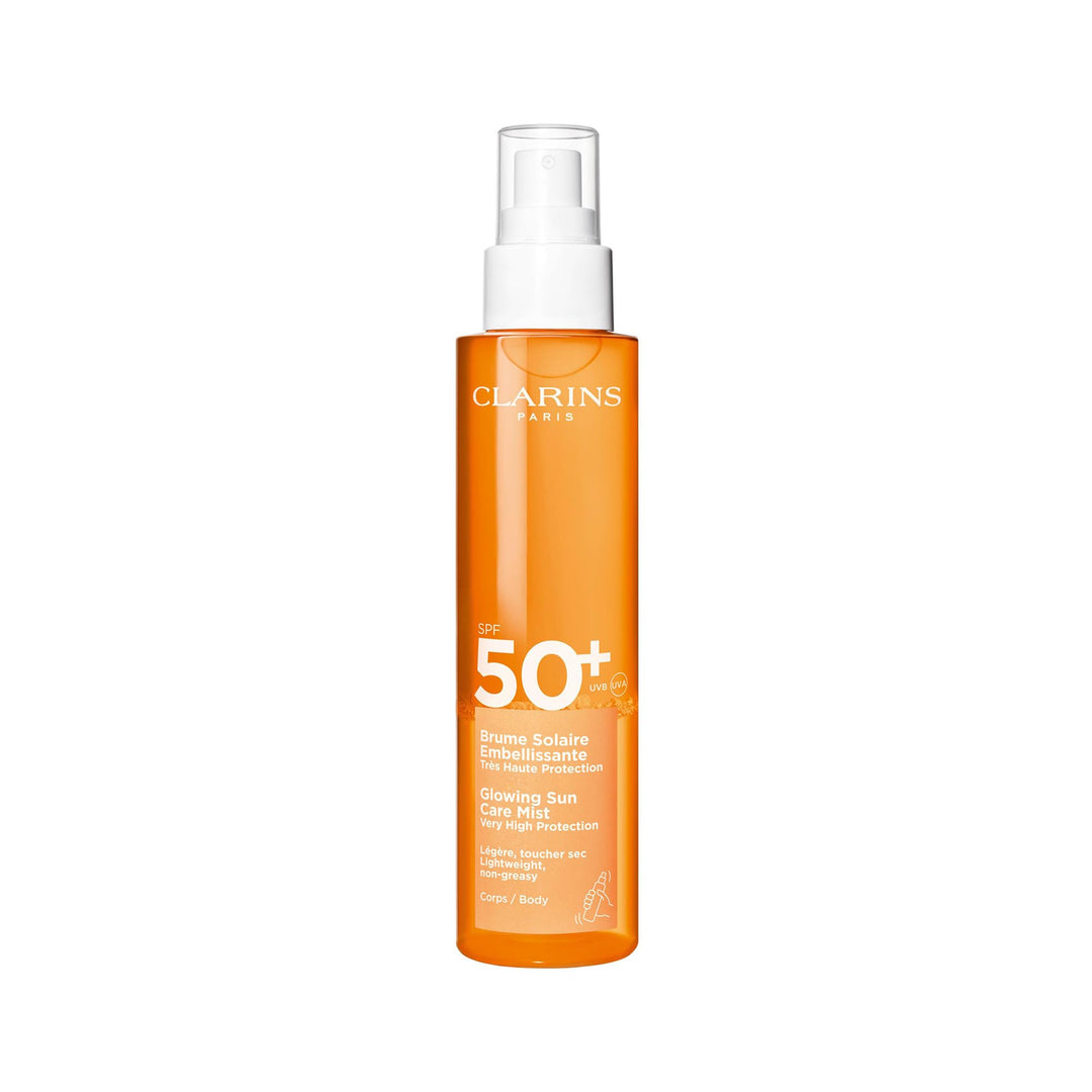 Clarins biphasic SPF 50+ sun spray in an elegant spray bottle, lightweight radiant finish