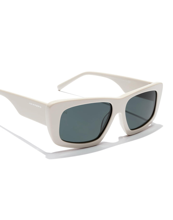 Hawkers White cat-eye sunglasses with thick solid frame, dark rectangular lenses, slim temples, artisan-crafted finish