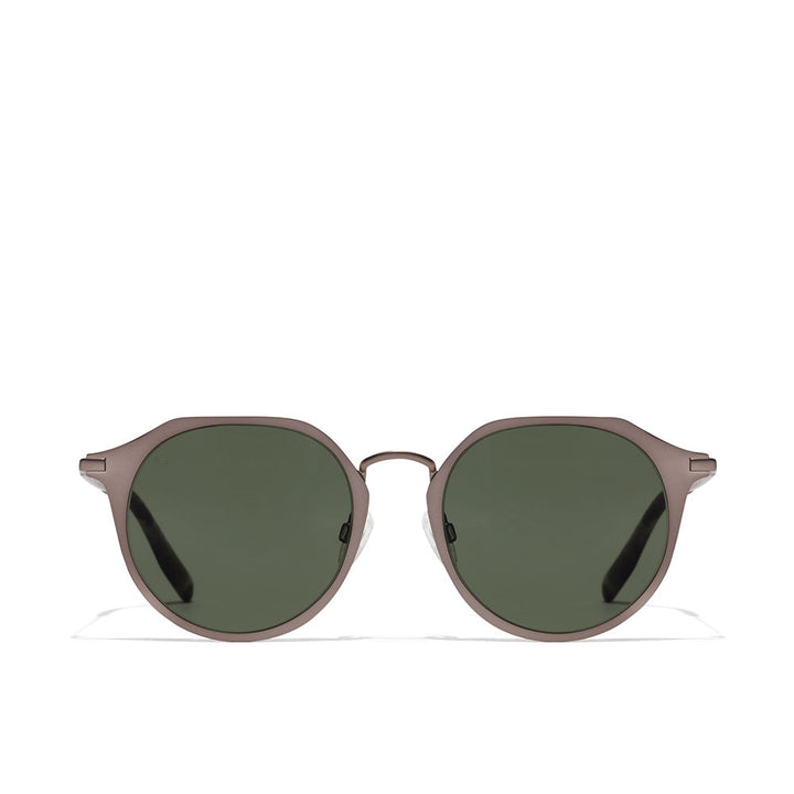 Matte brown metal round sunglasses with dark green lenses, thin frame, keyhole bridge — Hawkers