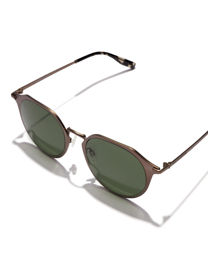 Matte brown metal round sunglasses with dark green lenses, thin frame, keyhole bridge — Hawkers