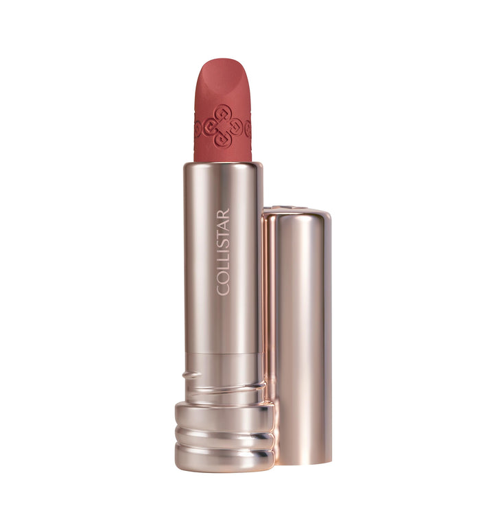 Velvet red lipstick bullet, creamy matte finish, 3.5 g packaging