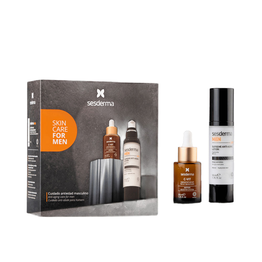 Sesderma Sleek black and orange glass dropper, plastic pump bottle and white-brown box — modern minimal skin care .