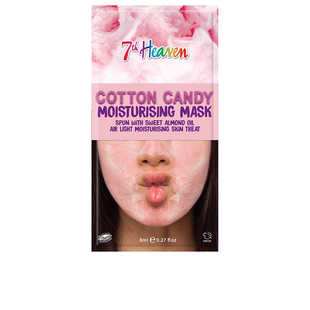 7th Heaven Soft pink hydrating face mask jar with cotton-candy texture, graphic face illustration, textured product name font