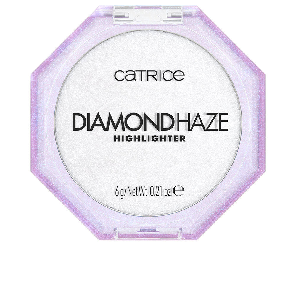 Catrice Compact octagonal plastic highlighter with transparent lid, glittery white center and iridescent purple border