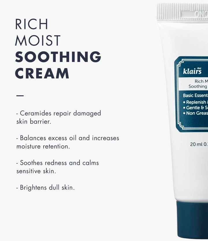 Soft white soothing cream tube with dark blue screw-on cap, rectangular bordered label and printed text, Klairs