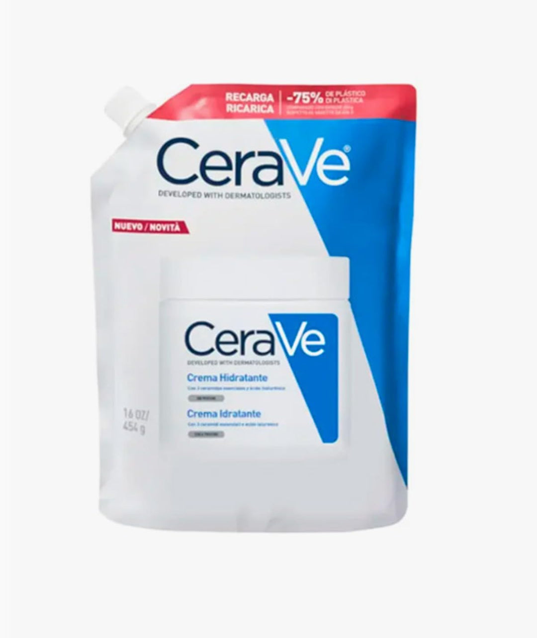 Cerave refillable cream jar and pouch shown on a neutral surface, clean white packaging
