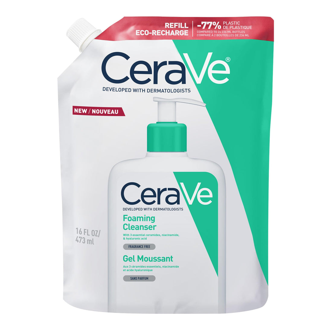 Cerave Foaming cleansing gel refill pouch with resealable spout, clear label and minimalist white packaging