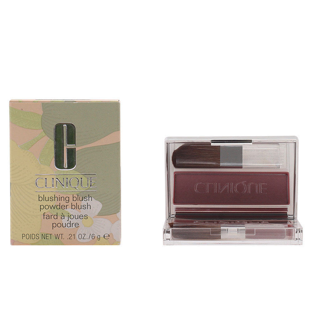 Clinique Beige and light brown powder blush in silver rectangular compact with small brush, minimalist plastic design