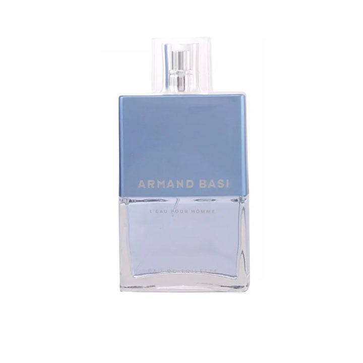 Clear crystalline bottle with pale blue perfume; 75 ml aquatic woody scent