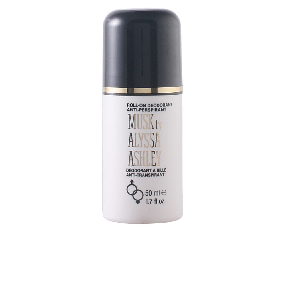 Alyssa Ashley White and black plastic roll-on deodorant with gold horizontal band, cylindrical shape, printed text, gender symbols