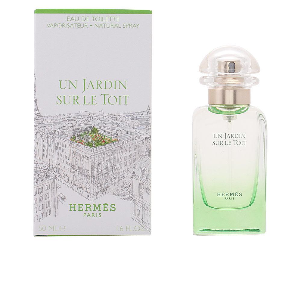 Green glass 50 ml eau de toilette bottle with illustrated garden box
