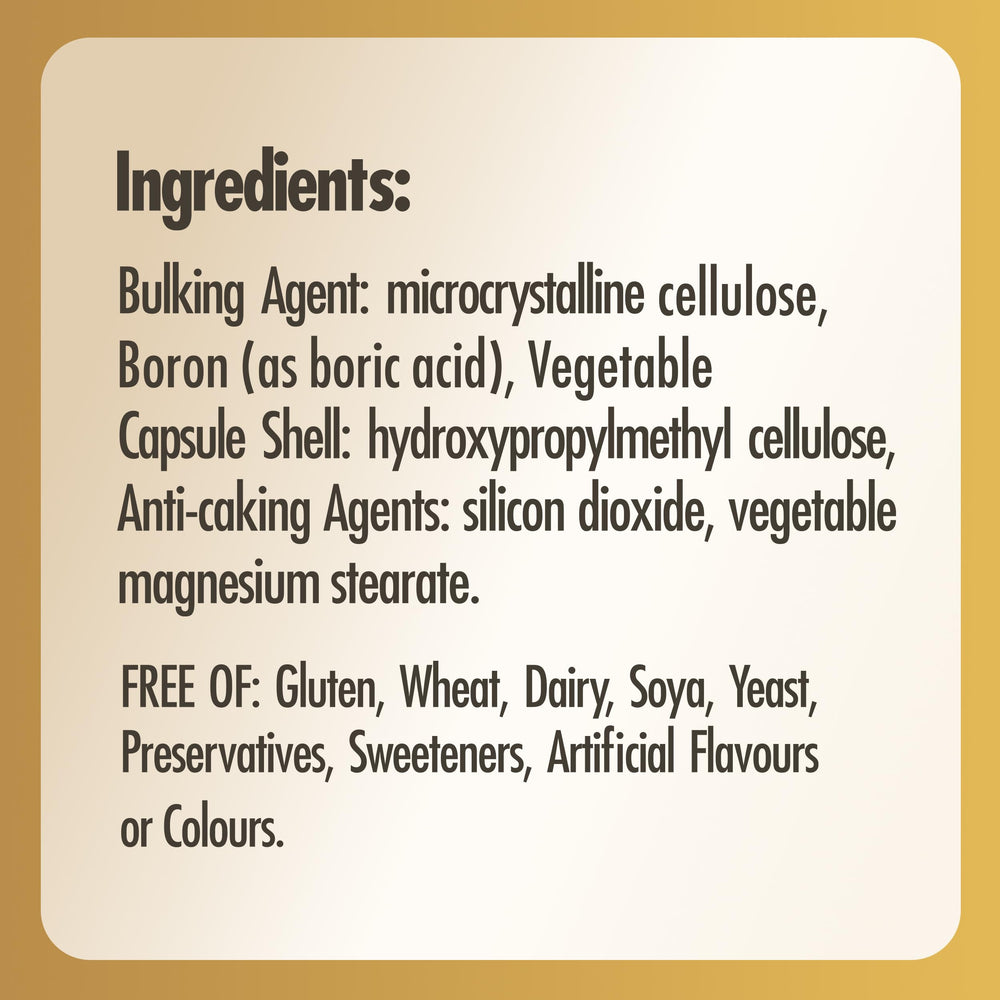 Frasco de cápsulas vegetales de boro 3 mg, etiqueta Solgar, apto veganos y sin gluten