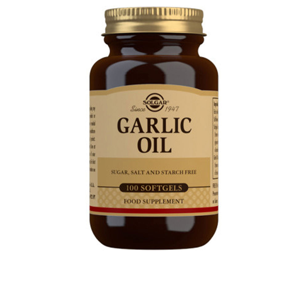 Small amber bottle of Solgar garlic oil perles against a clean backdrop