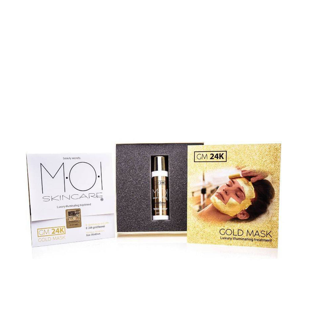 Moi gold facial mask sachet and small bottle with foam-insert box, person applying shimmering gold sheet