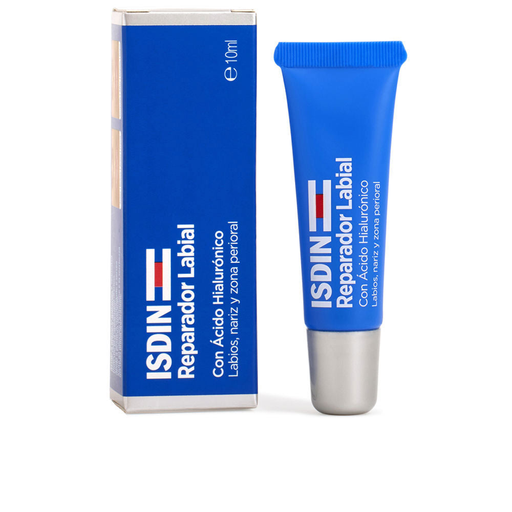 Blue plastic lip repair tube with silver cap, white text and red-and-white logo, Isdin