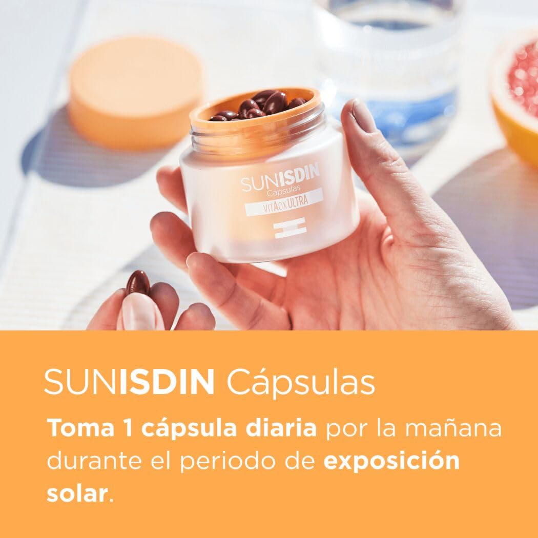 Isdin Two orange‑lidded plastic jars and rectangular box in orange and white, one jar showing capsules, clean minimalistic packaging