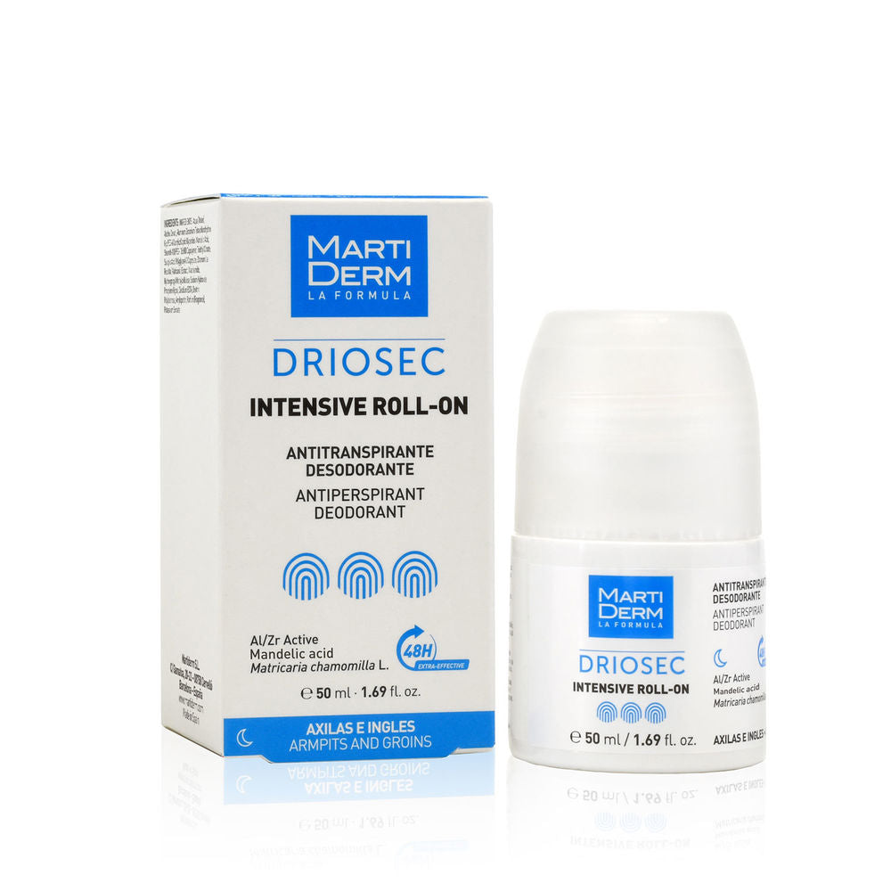 Martiderm Glass roll-on bottle with white cap and simple blue label, compact design for targeted application