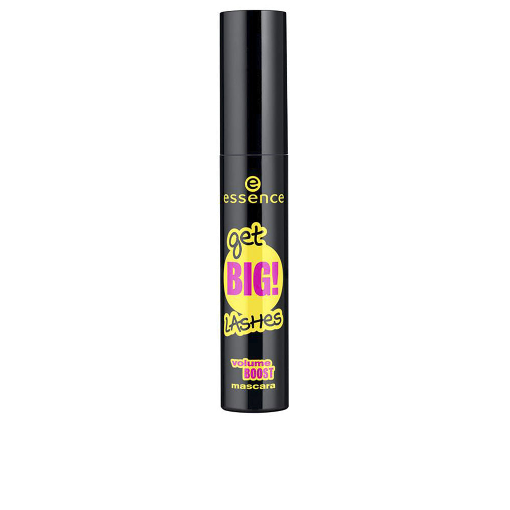Essence Sleek black plastic cylindrical mascara tube with printed bold yellow and pink text, wand showing full bristle brush