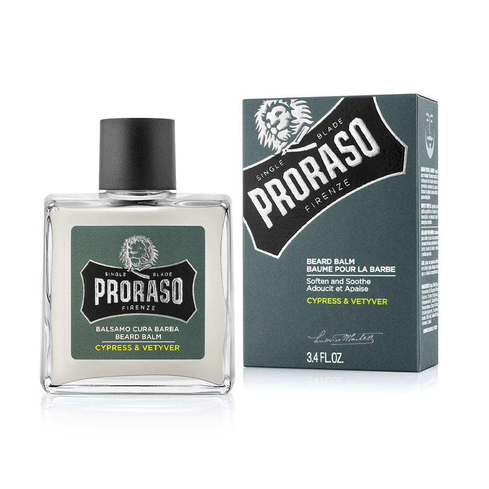 Sleek jar of Proraso Cypress & Vetyver beard balm with woody fragrance